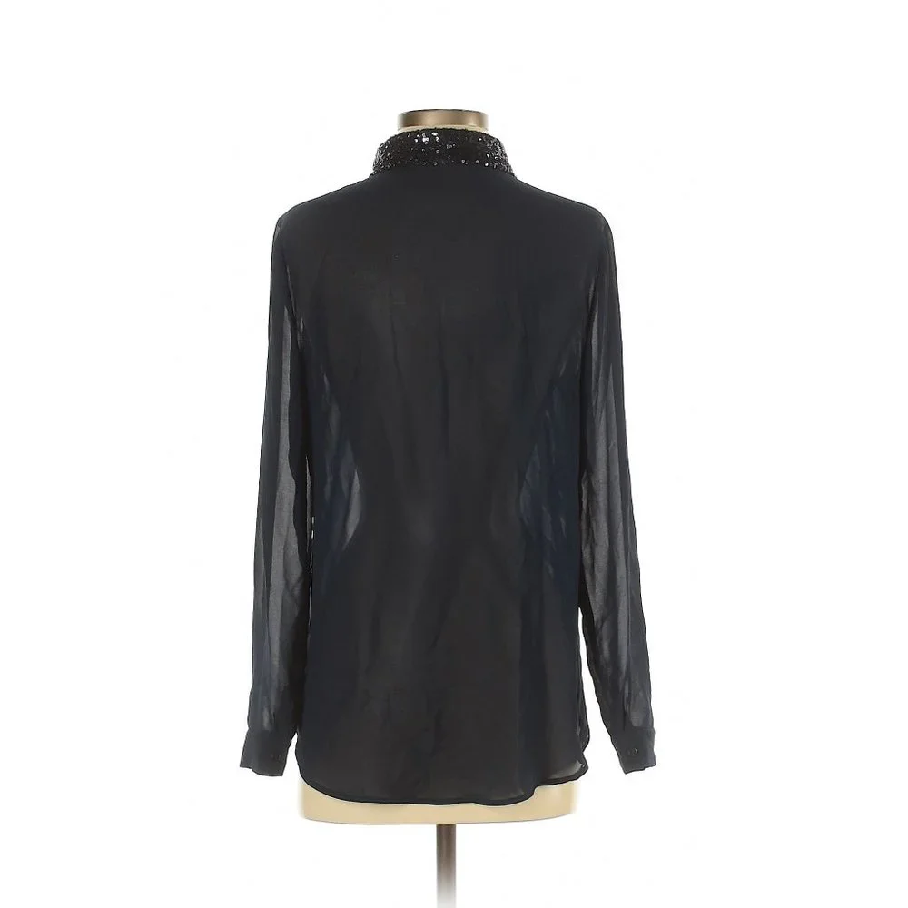 Forever 21 Dark Navy Sheer Sequin Collar Blouse | S - Picture 4 of 11